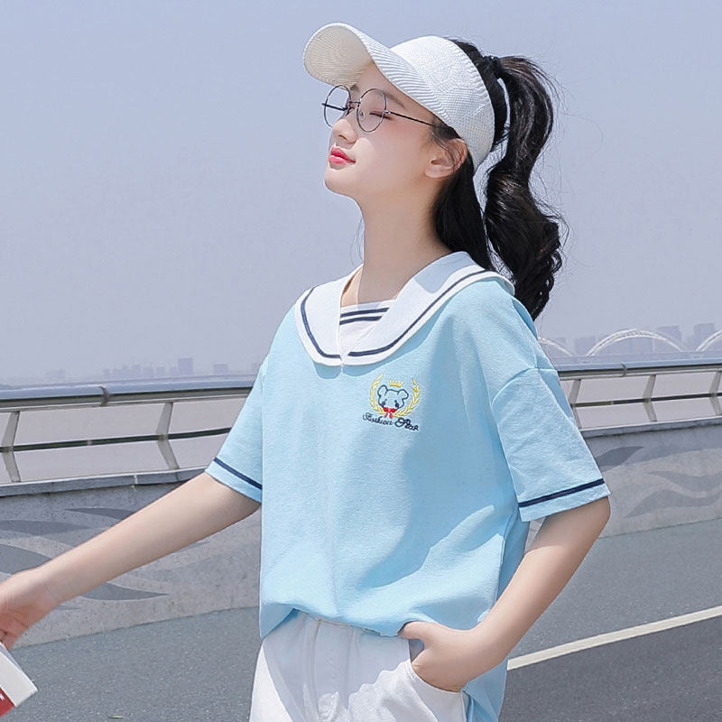 夏季小衫少女时尚年新高初中生14岁宽松学院风海军领日系短袖T恤
