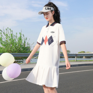 POLO领连衣裙初中生夏装少女鱼尾裙高中学生宽松休闲运动直筒裙子