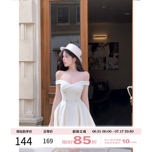 白色a字短裙收腰裙子 项天鹅er 法式 一字肩连衣裙女2025夏季 新款