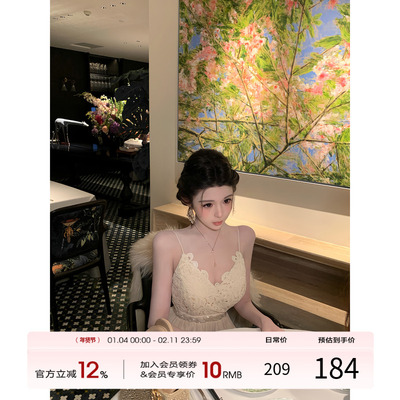 项天鹅er 法式吊带连衣裙女2025冬季新款网纱拼接长裙高级感裙子