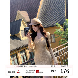 性感包臀裙V领长袖 项天鹅er 新款 蕾丝连衣裙女2025冬季 裙子 法式