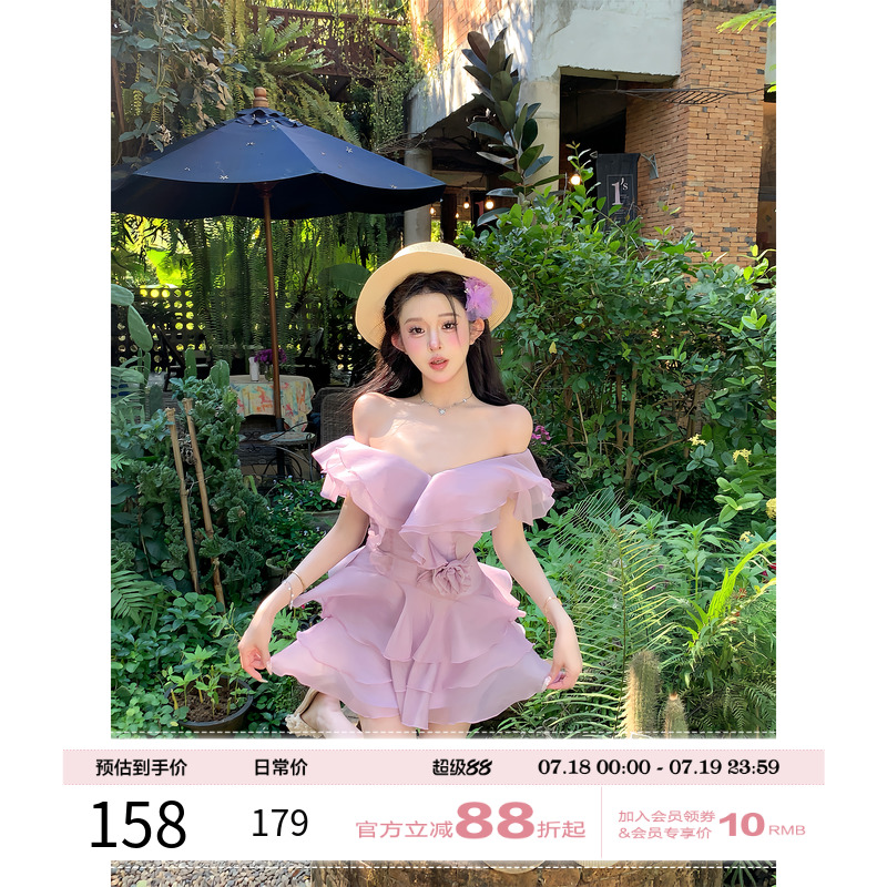 项天鹅er 法式连衣裙女2025夏季新款一字肩a字裙清纯掐腰裙裙子