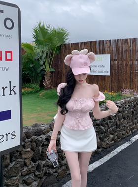 项天鹅er 绑带短袖上衣女2025夏季新款度短款白色方领收腰衬衫