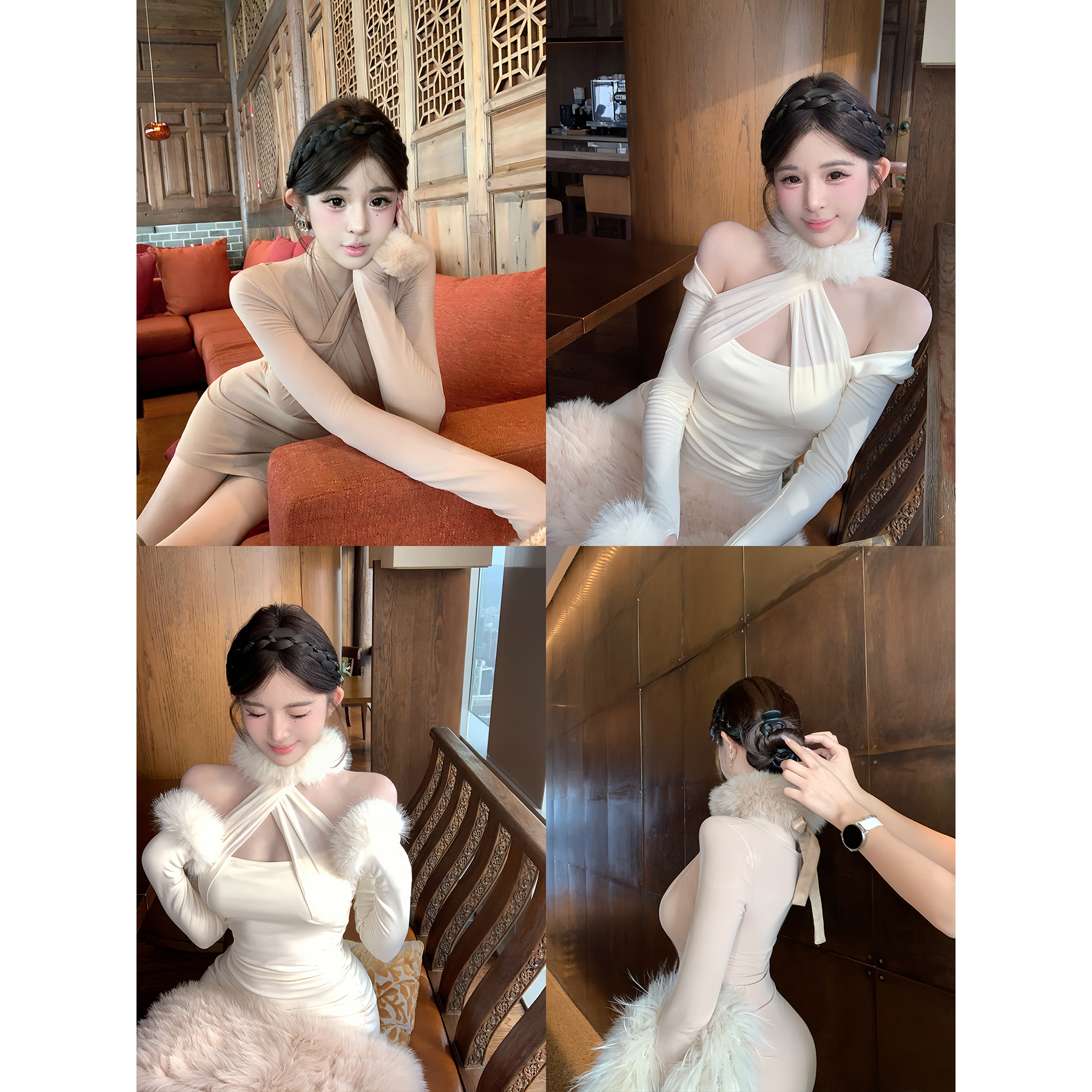 项天鹅er 挂脖针织连衣裙女2025冬季新款毛领拼接包臀裙纯欲裙子