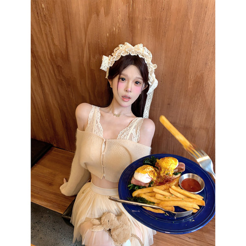 项天鹅er 可爱甜妹套装女2025早春新款短款针织衫上衣网纱半身裙