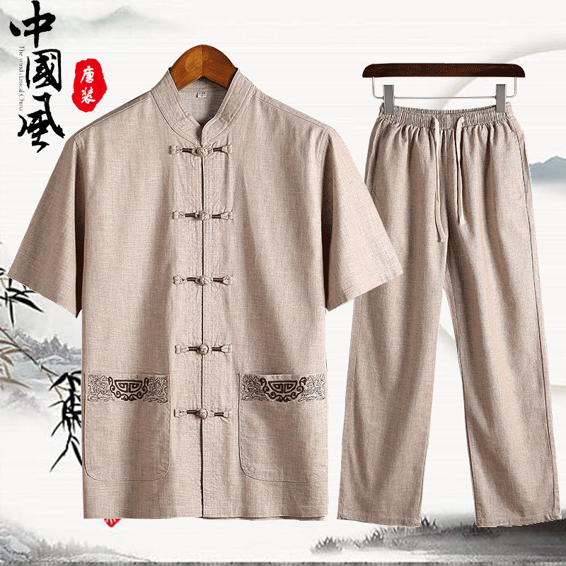 TANG SUIT MALE MIDDLE-AGED AND ELDERLY PEOPLE RETRO STYLE LINEN DAD SUMMER SUIT HANFU GRANDPA HALF-SLEEVED CASUAL CLOTHES SHORT-SLEEVED