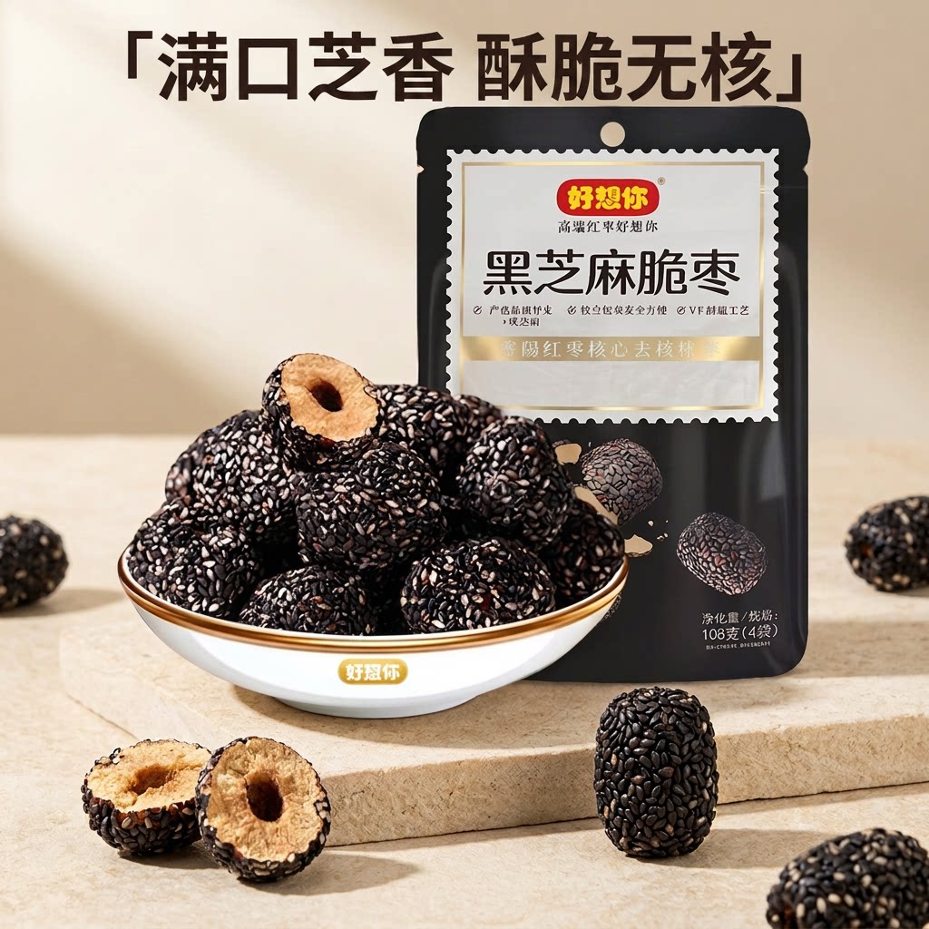 好想你黑芝麻脆枣108g*3黑芝麻裹红枣向香甜酥脆美味无核新疆灰枣