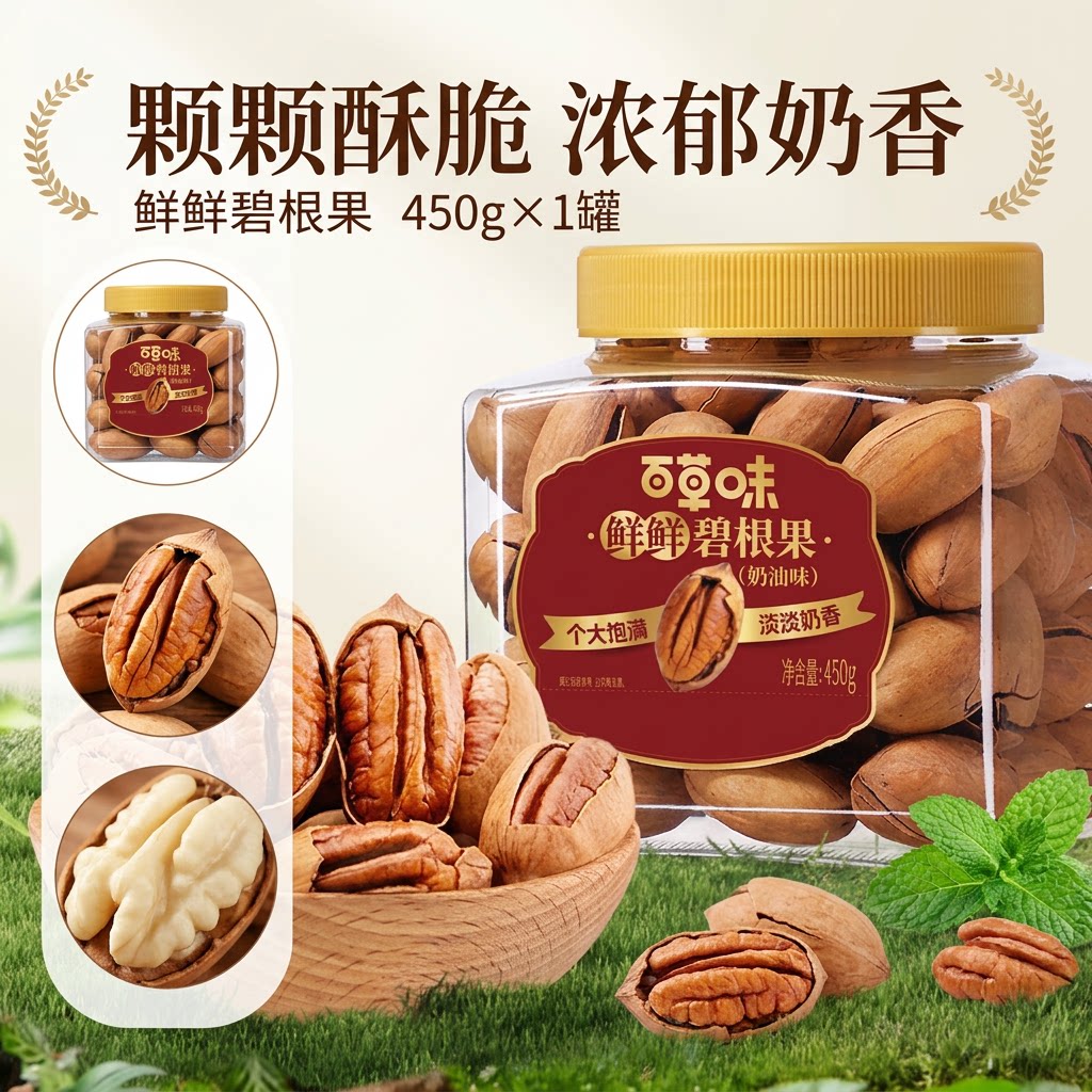 百草味碧根果450g罐装干果仁健康坚果小零食奶油味长寿果休闲零食