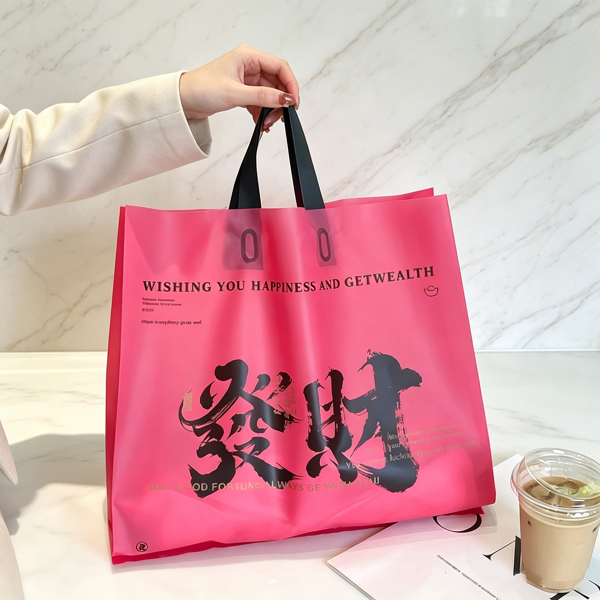 发财磨砂粉红色服装店手提袋塑料冬款羽绒服衣服专用礼品袋子定制