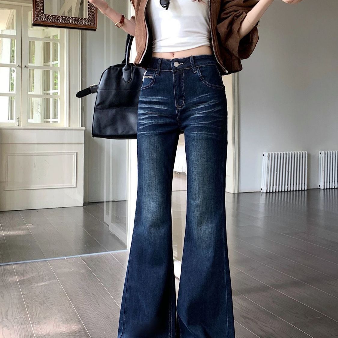 高个子加长美式复古低腰微喇牛仔裤女秋冬加绒弹力紧身显瘦喇叭裤