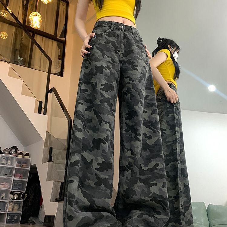 小个子美式高街迷彩牛仔裤女2025新款高腰辣妹显瘦宽松休闲阔腿裤