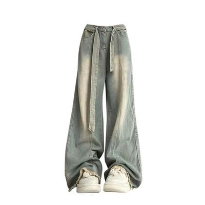 个性绑带做旧黄泥染牛仔裤女2024年新款百搭休闲宽松显瘦阔腿裤子