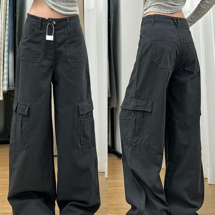 小个子简约通勤灰色牛仔裤女高腰显瘦垂感阔腿裤多口袋小众长裤子