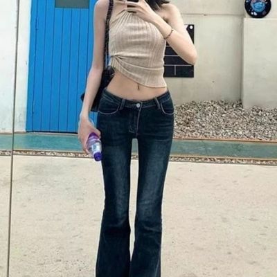 高个子水洗蓝色微喇牛仔裤女低腰弹力修身显瘦拖地马蹄喇叭裤子潮