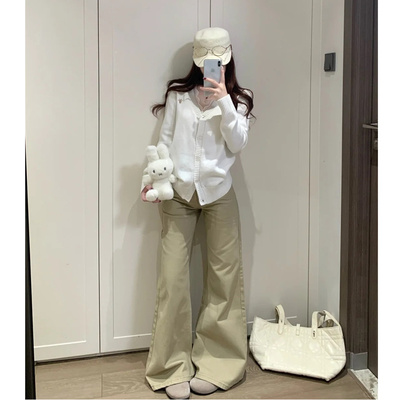 美式复古卡其色微喇牛仔裤女加绒加厚秋冬季新款低腰直筒喇叭长裤