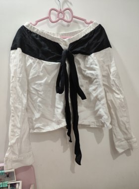 cofie_shop浪漫系带长袖黑白拼接假两件披肩蝴蝶绑带衬衣上衣