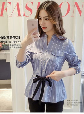 韩范学院风条纹衬衫五分袖长袖蝴蝶系带收腰裙摆上衣43021xiangzi