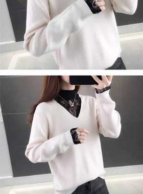 女士蕾丝领毛衣宽松新款潮春秋洋气内搭针织衫假两件上衣07099