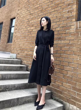 英伦风格黑色宽衬衣裙连衣裙春装气质中长款收腰显瘦赫本长裙