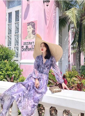 春季紫色V领泡泡袖垂坠飘逸修身海滩度假真丝连衣裙长裙2939#01