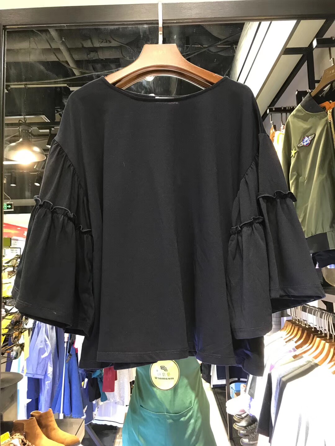 外贸单品大袖子荷叶袖子圆领宽松大码短袖休闲上衣0470