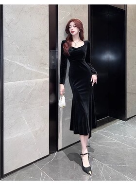 春秋冬季新款丝绒鱼尾连衣裙黑色长袖长裙013099
