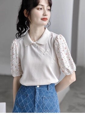 泡泡袖新中式国风盘扣上衣夏季新款设计感小众拼接短袖衬衫01509