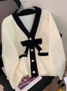 蝴蝶结小香风仿水貂绒外套秋冬新款高级感气质名媛毛衣开衫02909