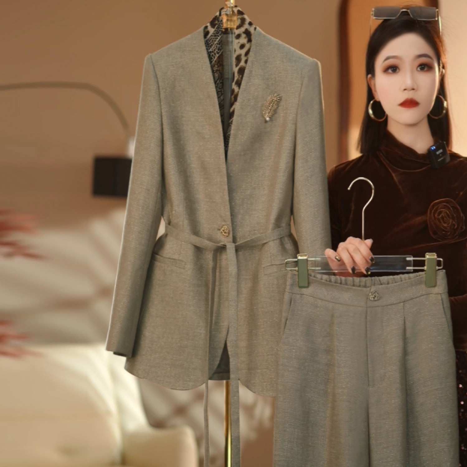 春季新款金棕色无领西装套装女收腰显瘦名媛高级感通勤正装一整套