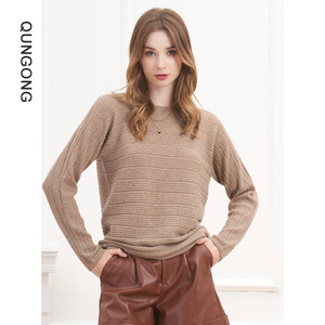 群工新款抽条长袖纯衫女士圆领套头纯色时尚内搭毛衣