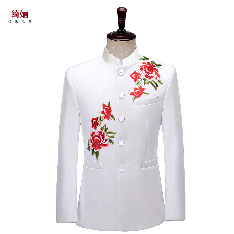 新款立领民族服装大合唱男主持人改良刺绣中山装表演服演出服礼服