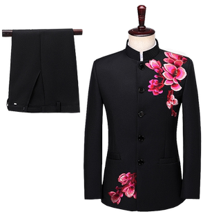 主持人新中式男中国民歌红色大合唱团舞台表演服装主持人礼服年会