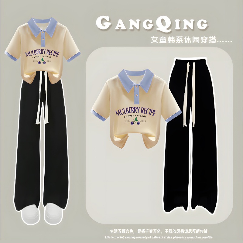女童夏季短袖套装2025新款大童polo衫儿童时髦休闲T恤女孩两件套