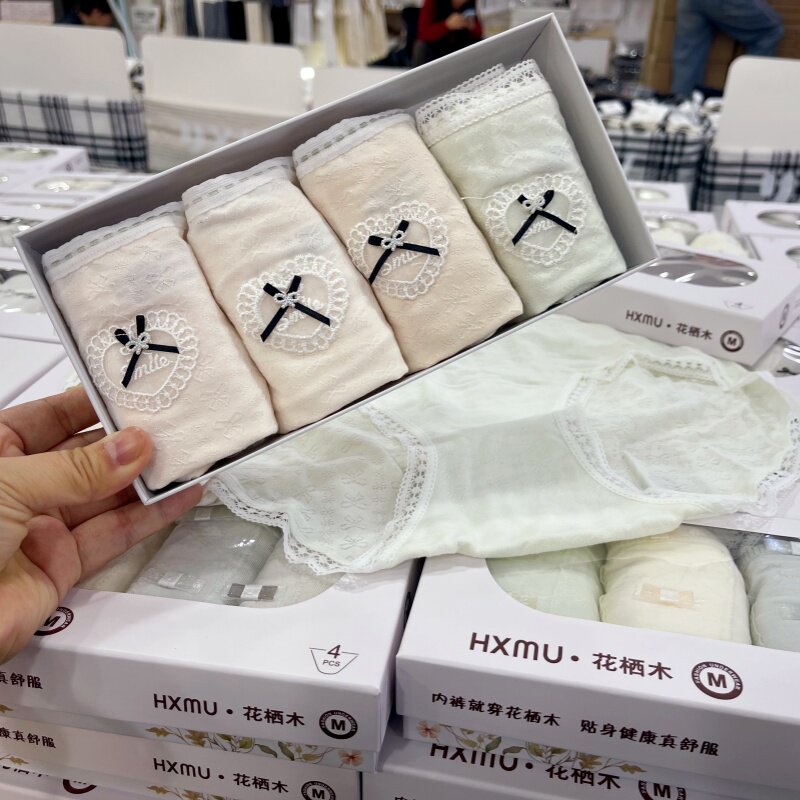 花栖木夏季4条莫代尔小清新蕾丝边舒适中腰吸湿内裤少女抗菌内裤图片