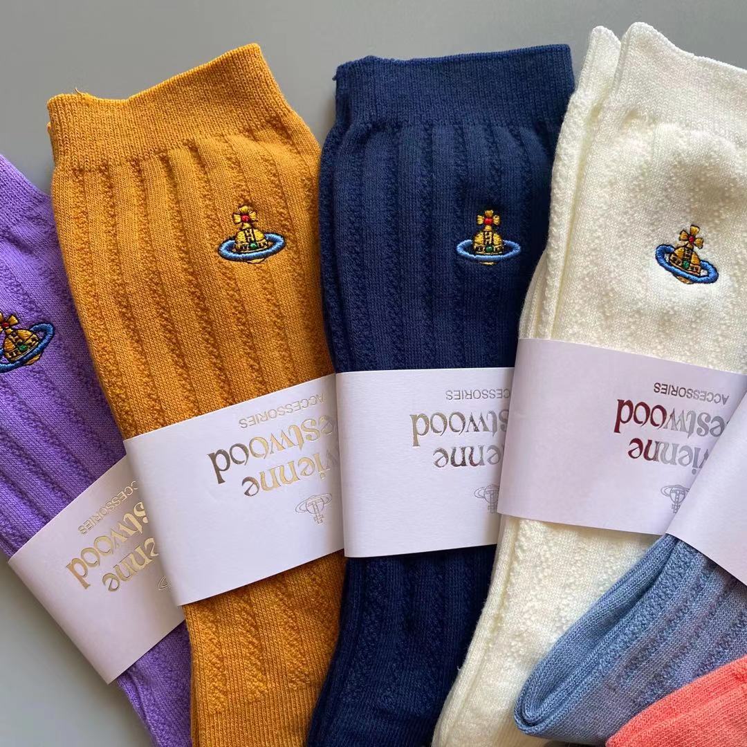 西太后全棉土星刺绣袜子坑条纹女ins春夏中筒简约1百搭休闲wazi