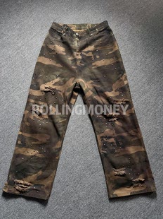 ROLLINGMONEY26SS迷彩铆钉刀割破坏街头轻亚宽松直筒喷脏作旧长裤