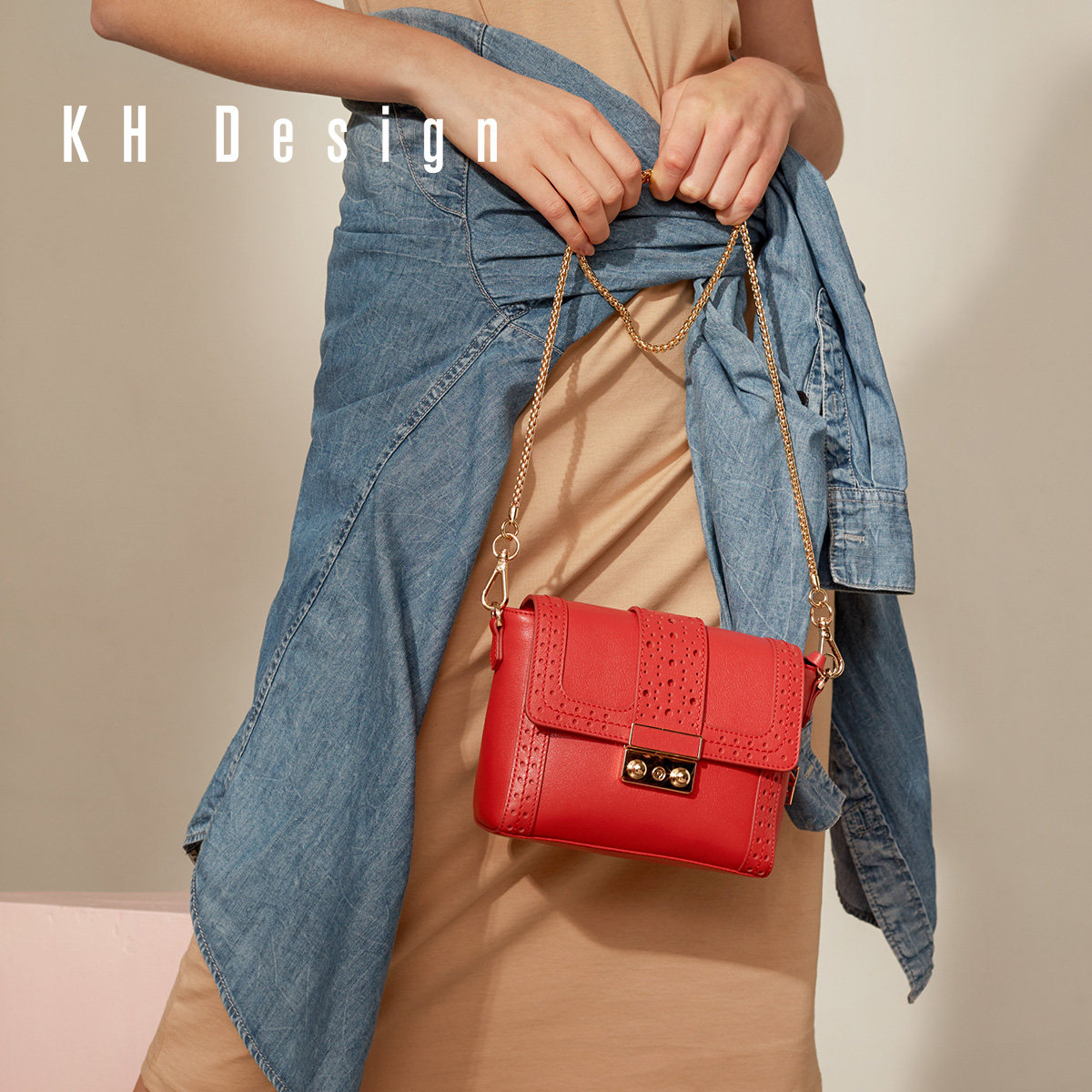 KH Design明治女包真皮小方包2020新款链条包锁扣包牛皮单肩包潮