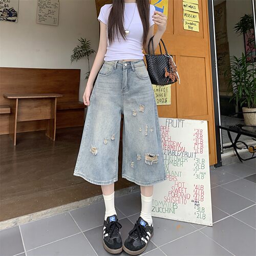 美式复古破洞牛仔七分裤女夏季新款高腰高街宽松显瘦直筒阔腿中裤