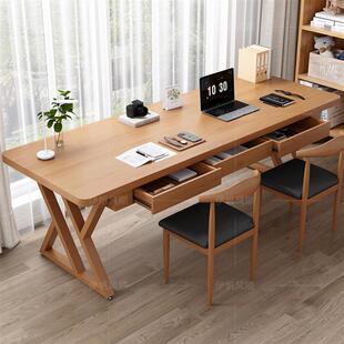 带桌学习桌客厅实木实心电脑桌儿童抽屉写字桌工作书法台去书桌化