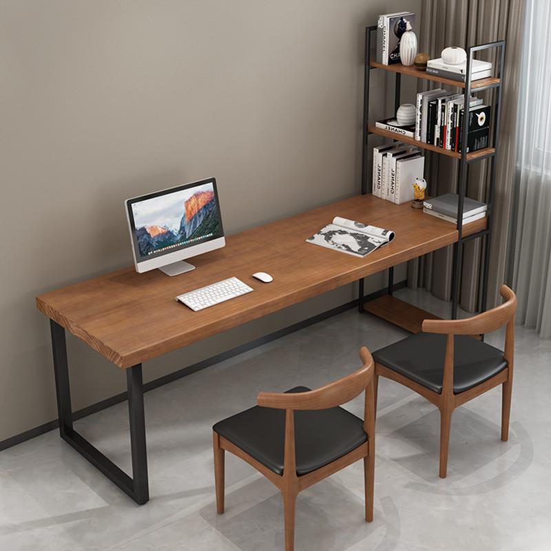 loft书房实木一体书架书桌桌写字台电脑桌台式书柜靠墙长条桌双人