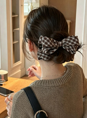 早秋新款格纹蝴蝶结香蕉夹女气质显发量百搭高马尾竖发夹发饰