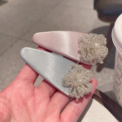 超仙粉色米珠花朵发夹女bb夹温柔风百搭减龄缎面侧边夹刘海夹