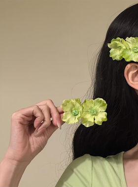 初春小清新绿色花朵发夹度假风侧边夹发卡清爽绿色鸭嘴夹森系夹子
