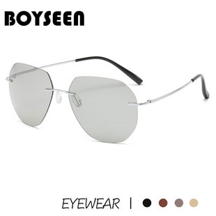 无框多边形记忆钛偏光变色太阳镜超轻PC偏光1.5厚片眼镜开车墨镜