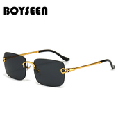 新款 无框遮阳眼镜可配镜 男女金属麻花腿墨镜 时尚 方形切边太阳镜