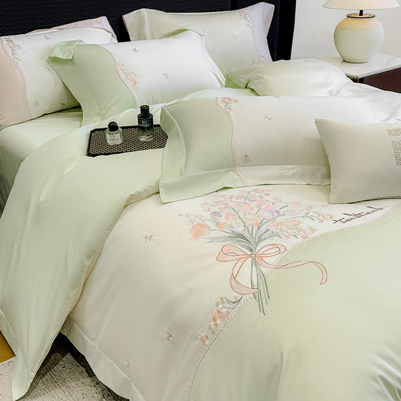 文艺风高支高密长绒棉床笠式四件套春夏全棉绣花AB版家用高级被罩,床上用品,床品套件/四件套/多件套,淘宝优惠券,粉丝福利购,淘宝优惠卷