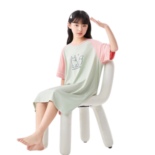 猫人儿童睡裙莫代尔女童家居服中大童棉质睡衣夏季薄款短袖小女孩