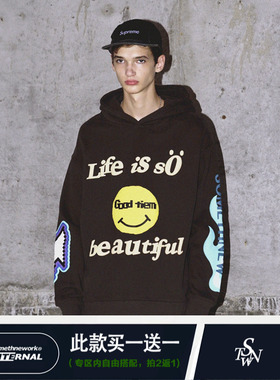 STNW 国潮笑脸字母立体发泡印花连帽套头加绒情侣款卫衣帽衫男女