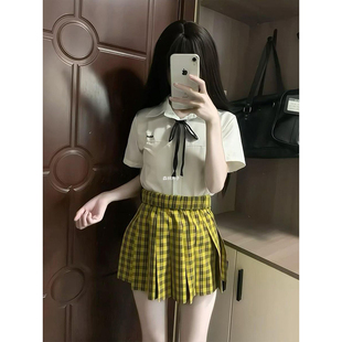 女 原创日系夏季 小岛短袖 衬衫 上衣学院风穿搭JK向日葵格裙百搭套装