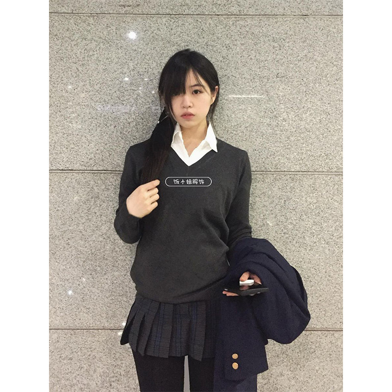 JK制服学院风穿搭黑色针织毛衣秋冬款叠穿百搭凛凛JK格裙一整套装